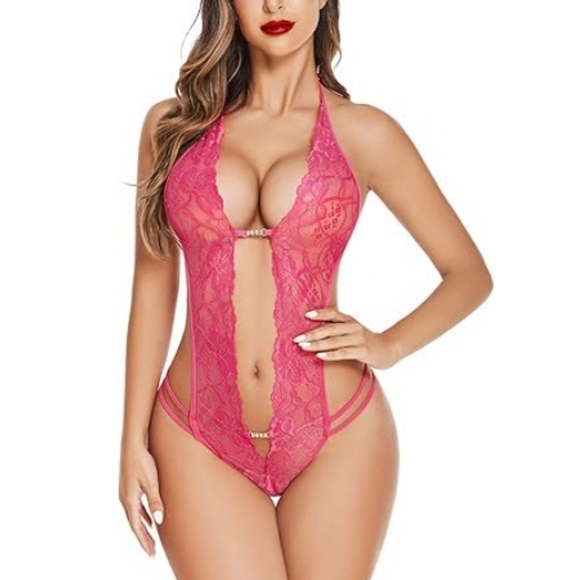 One Piece Nightie Lingerie Sexy Lace Bodysuit Deep V Teddy Nightgown Rose Red - Picture 7 of 7